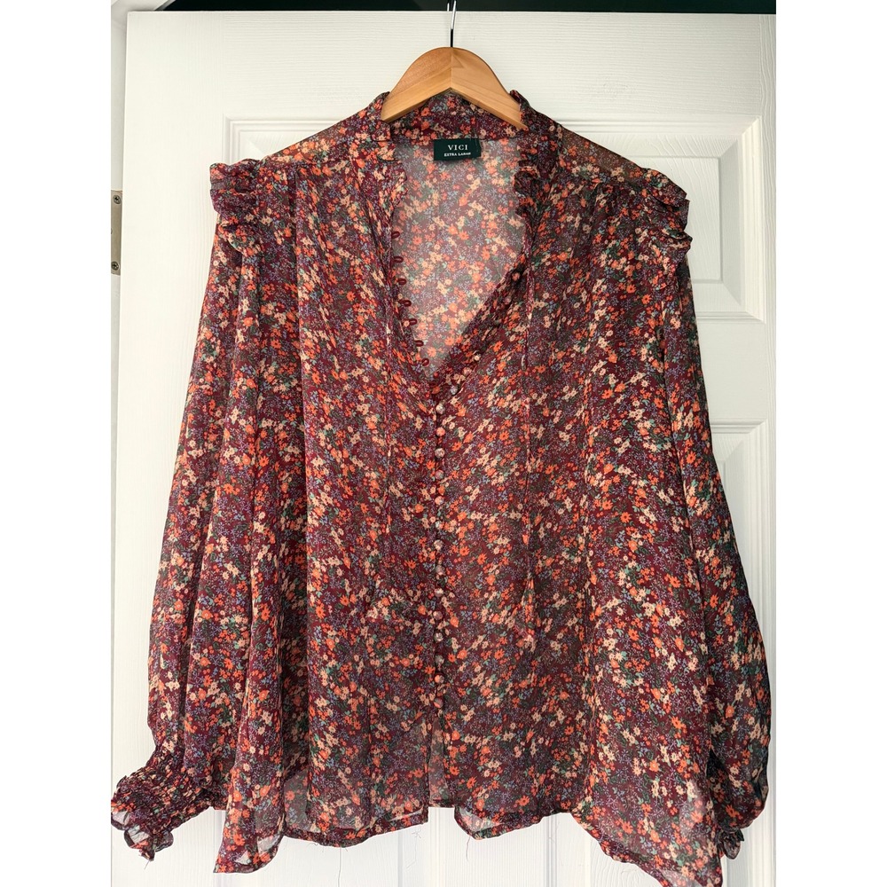Vici Sheer Floral Flowy Boho Chic Blouse Long Sleeve V Neck